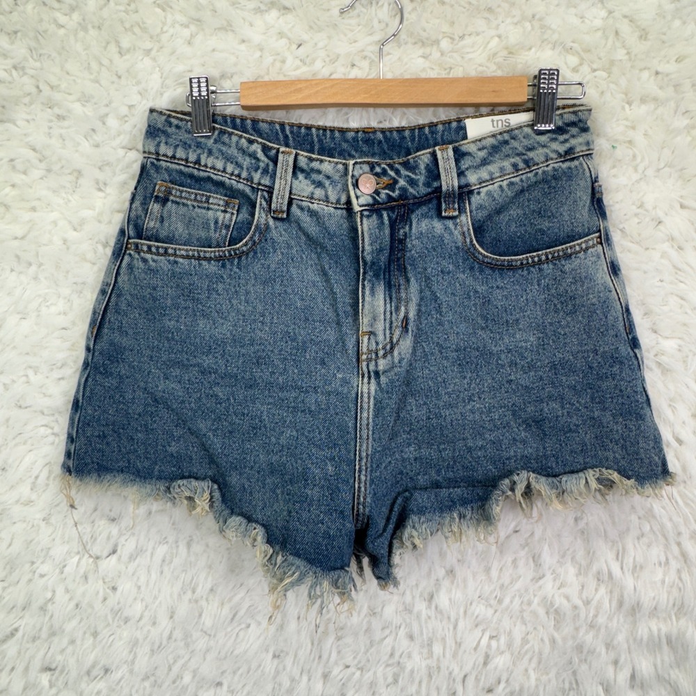 tns Denim Jean Shorts Size 6 Blue High Waisted Frayed Hem Boho Festival 5103